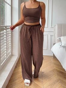 Dazy Plus Striped Slim Fit Camisole Top & Pajama Pants Set, Plus Size Women's Spring/Summer Loungewear - Brown - View 5