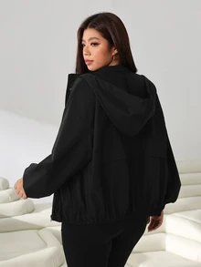 Solflare Plus Size Women's Solid Color Zipper Casual Versatile Everyday Jacket - Black - View 6