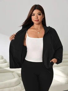 Solflare Plus Size Women's Solid Color Zipper Casual Versatile Everyday Jacket - Black - View 9
