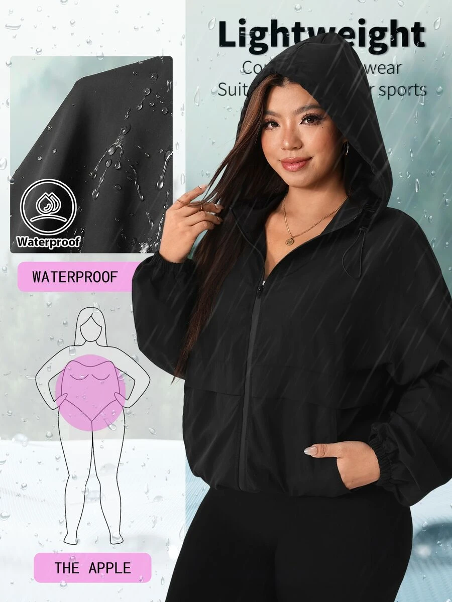 SHEIN EZwear 大尺碼女款純色拉鍊休閒賽車風百搭日常夾克，黑色，秋季登山穿著
