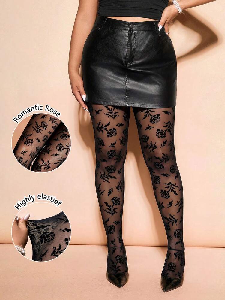 Cravure Plus Size Women's Rose Pattern Sexy Romantic Date Night Rave Tights Black Summer Halloween Black Semi-Sheer Leggings For Home, Commute, Outings - Black - View 3