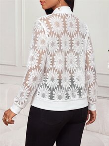 SHEIN Lady 女款花卉刺繡網紗拉鍊前開式棒球領休閒夾克 白色 秋季優雅穿搭 上班/夜晚外出上衣 可愛上衣 - 白色 - 查看 2