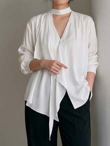 Dazy Plus Solid Color Casual Asymmetrical Hem Design Halter Neck Tie Elegant White Long Sleeve Shirt Fall - White - View 4