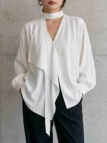 Dazy Plus Solid Color Casual Asymmetrical Hem Design Halter Neck Tie Elegant White Long Sleeve Shirt Fall - White - View 1