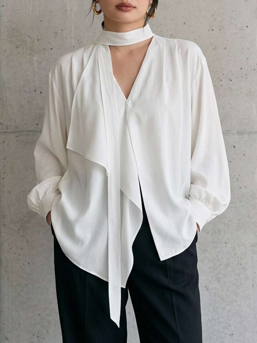 Dazy Plus Solid Color Casual Asymmetrical Hem Design Halter Neck Tie Elegant White Long Sleeve Shirt Fall - White - View 1