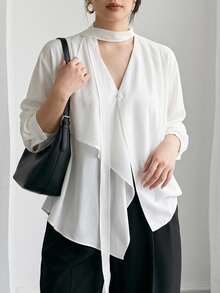 Dazy Plus Solid Color Casual Asymmetrical Hem Design Halter Neck Tie Elegant White Long Sleeve Shirt Fall - White - View 5