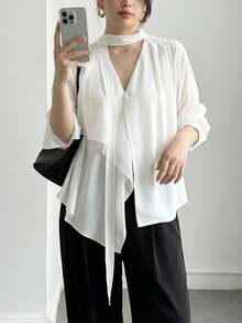 Dazy Plus Solid Color Casual Asymmetrical Hem Design Halter Neck Tie Elegant White Long Sleeve Shirt Fall - White - View 6
