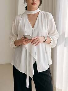 Dazy Plus Solid Color Casual Asymmetrical Hem Design Halter Neck Tie Elegant White Long Sleeve Shirt Fall - White - View 3