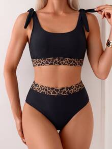 Oceva Spring/Summer Hot-Selling Beach Casual Vacation Shoulder Strap Tie Hem Leopard Print Elastic Band + Leopard Print Elastic Waist Triangle Bikini Bottom 2-Piece Set, Summer Outfit, Luxury, Holiday Outfit, Mature Set - Black - View 4
