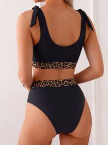 Oceva Spring/Summer Hot-Selling Beach Casual Vacation Shoulder Strap Tie Hem Leopard Print Elastic Band + Leopard Print Elastic Waist Triangle Bikini Bottom 2-Piece Set, Summer Outfit, Luxury, Holiday Outfit, Mature Set - Black - View 2