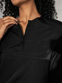 Ocili Leisure Women's Button Front Half Placket Long Sleeve Lounge Top - Black - View 3