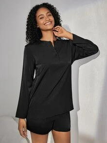 Ocili Leisure Women's Button Front Half Placket Long Sleeve Lounge Top - Black - View 5