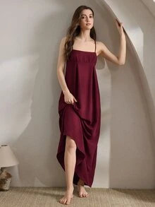 Ocili 休闲女士纯色胸围褶皱吊带睡裙娃娃装节日季 - 酒紅色 - 查看 7