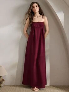 Ocili 休闲女士纯色胸围褶皱吊带睡裙娃娃装节日季 - 酒紅色 - 查看 8