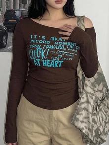 Dazy Plus Letter Print Asymmetric Shoulder Neckline Casual Long Sleeve Brown Spring/Autumn T-Shirt For Girls Graphic Tees Cute Tops - Brown - View 3