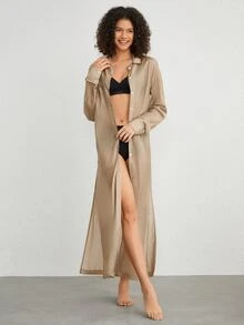 Ocili Women Lounge Robes Kantong Tombol Depan Plain - Coklat - View 6
