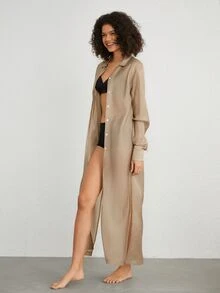 Ocili Women Lounge Robes Kantong Tombol Depan Plain - Coklat - View 5
