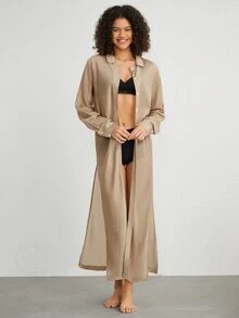 Ocili Women Lounge Robes Kantong Tombol Depan Plain - Coklat - View 4