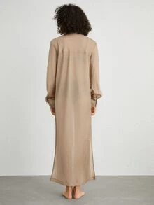 Ocili Women Lounge Robes Kantong Tombol Depan Plain - Coklat - View 2