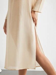 Ocili Leisure Super Light Smooth Shining Loose Round Neck Long Sleeve Dress-Khaki - Champagne - View 8