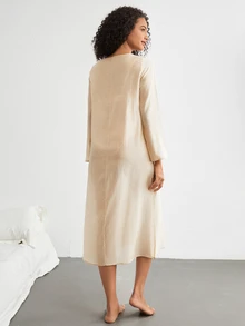 Ocili Leisure Super Light Smooth Shining Loose Round Neck Long Sleeve Dress-Khaki - Champagne - View 2