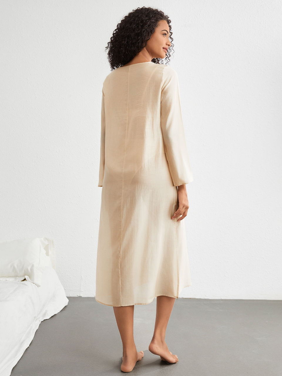 Leisure Super Light Smooth Shining Loose Round Neck Long Sleeve Dress-Khaki