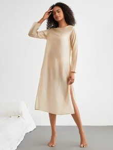 Ocili Leisure Super Light Smooth Shining Loose Round Neck Long Sleeve Dress-Khaki - Champagne - View 4
