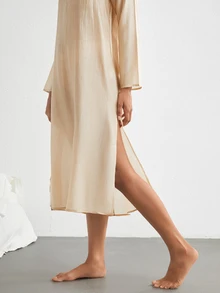Ocili Leisure Super Light Smooth Shining Loose Round Neck Long Sleeve Dress-Khaki - Champagne - View 3