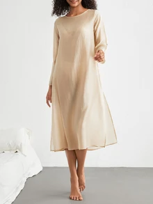 Ocili Leisure Super Light Smooth Shining Loose Round Neck Long Sleeve Dress-Khaki - Champagne - View 5