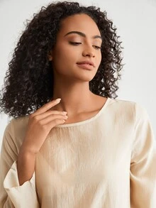 Ocili Leisure Super Light Smooth Shining Loose Round Neck Long Sleeve Dress-Khaki - Champagne - View 6