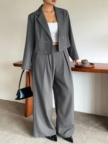 Dazy Plus Setelan Kasual Bisnis: Blazer Abu-abu Polos Kancing Ganda dan Celana Panjang Lebar Longgar Pinggang Tinggi 2 Potong untuk Musim Gugur - Grey - View 5