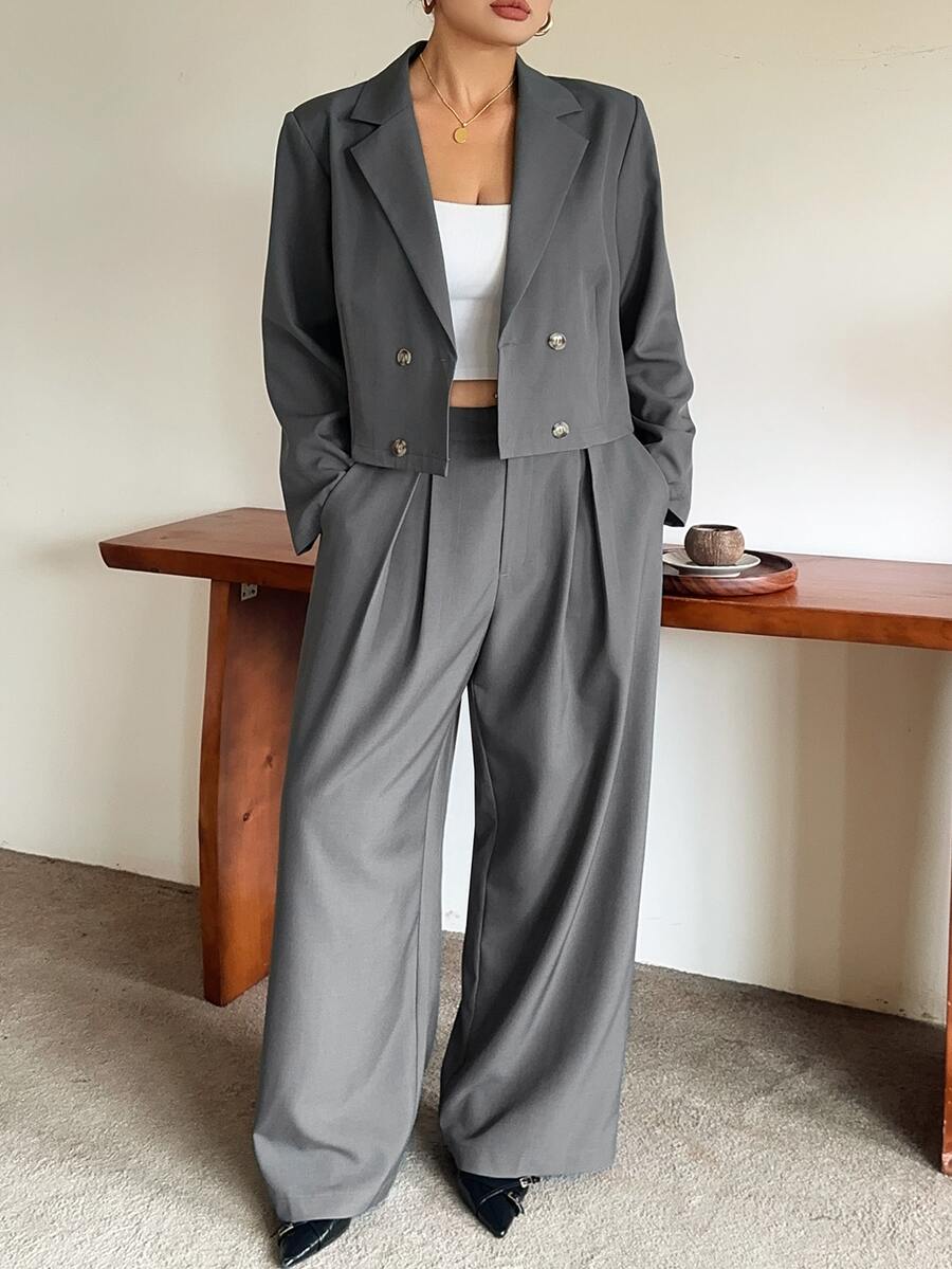 Dazy Plus Setelan Kasual Bisnis: Blazer Abu-abu Polos Kancing Ganda dan Celana Panjang Lebar Longgar Pinggang Tinggi 2 Potong untuk Musim Gugur - Grey - View 1