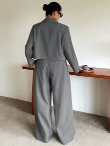 Dazy Plus Setelan Kasual Bisnis: Blazer Abu-abu Polos Kancing Ganda dan Celana Panjang Lebar Longgar Pinggang Tinggi 2 Potong untuk Musim Gugur - Grey - View 6