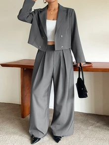 Dazy Plus Setelan Kasual Bisnis: Blazer Abu-abu Polos Kancing Ganda dan Celana Panjang Lebar Longgar Pinggang Tinggi 2 Potong untuk Musim Gugur - Grey - View 2
