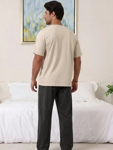 DAZY Men's Summer Apricot T-Shirt With Patch & Long Pants Loungewear Set - Multicolor - View 2