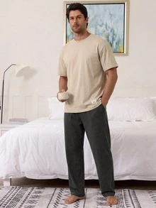 DAZY Men's Summer Apricot T-Shirt With Patch & Long Pants Loungewear Set - Multicolor - View 7