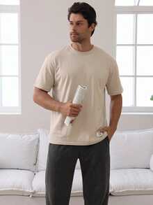 DAZY Men's Summer Apricot T-Shirt With Patch & Long Pants Loungewear Set - Multicolor - View 3