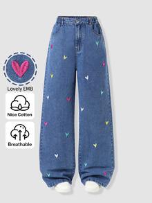 SHEIN Genkimix Kids 青少年女孩愛心刺繡寬腿牛仔褲 - 深色水洗藍 - 查看 4