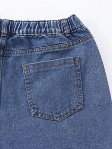 SHEIN Genkimix Kids 青少年女孩愛心刺繡寬腿牛仔褲 - 深色水洗藍 - 查看 6