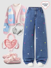 SHEIN Genkimix Kids 青少年女孩愛心刺繡寬腿牛仔褲 - 深色水洗藍 - 查看 1