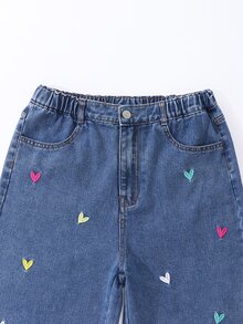 SHEIN Genkimix Kids 青少年女孩愛心刺繡寬腿牛仔褲 - 深色水洗藍 - 查看 5