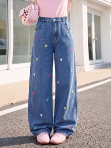 SHEIN Genkimix Kids 青少年女孩愛心刺繡寬腿牛仔褲 - 深色水洗藍 - 查看 3