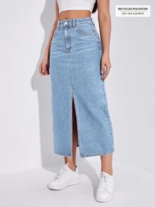 SHEIN ICON 纯色口袋侧开衩休闲百搭牛仔迷你裙，夏季 - 藍色 - 查看 4