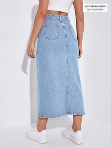 SHEIN ICON 纯色口袋侧开衩休闲百搭牛仔迷你裙，夏季 - 藍色 - 查看 2