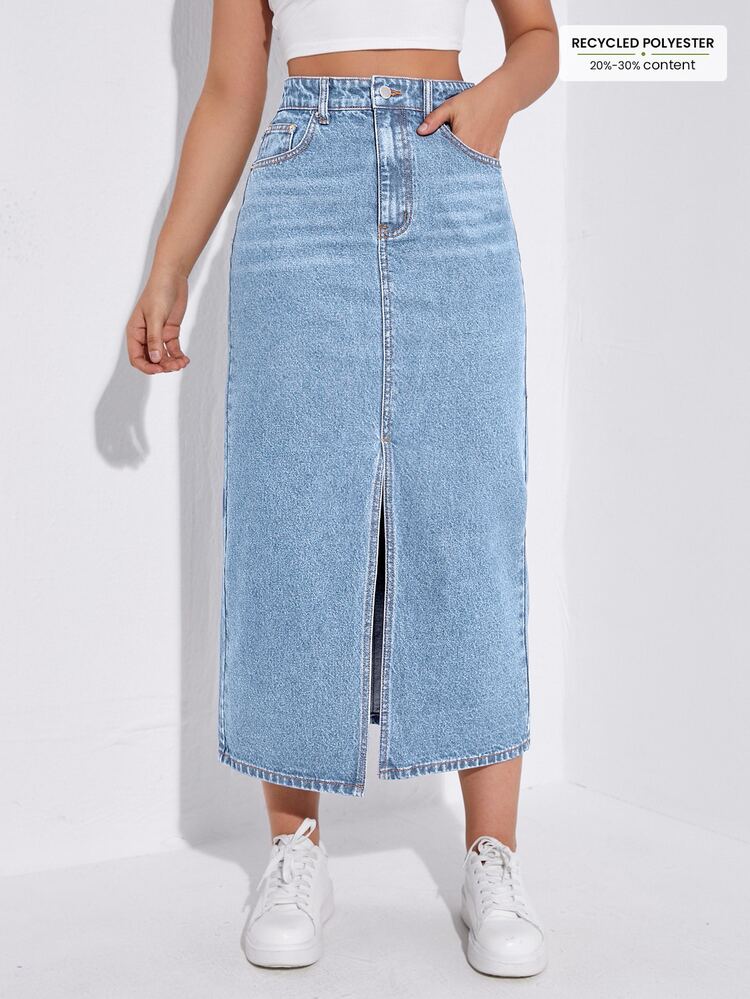 SHEIN ICON Falda mini de mezclilla de un solo color con bolsillo y abertura lateral, versátil y casual, para el verano - Azul - Añade 3
