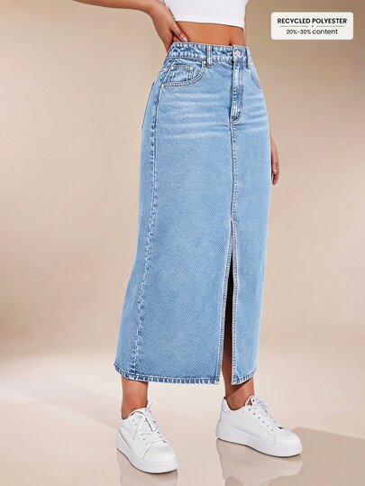 SHEIN ICON 纯色口袋侧开衩休闲百搭牛仔迷你裙，夏季