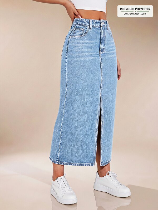 SHEIN ICON 纯色口袋侧开衩休闲百搭牛仔迷你裙，夏季