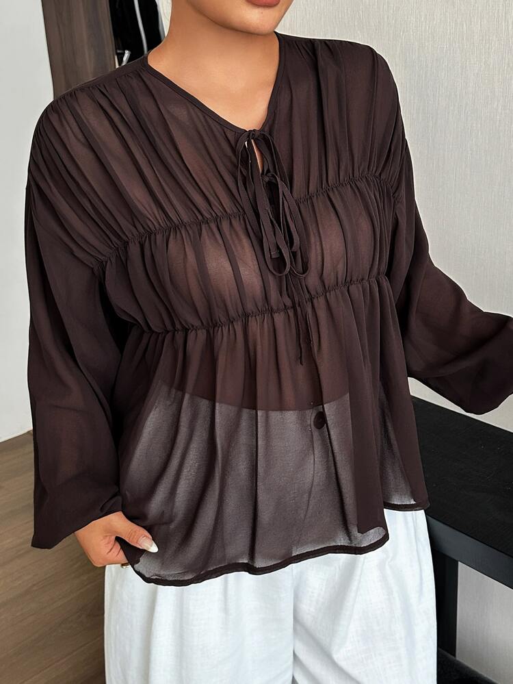 Dazy Plus Solid Color Chiffon Ruched Loose Elegant Design Brown Long Sleeve Spring Summer Autumn Pullover Blouse - Brown - View 7
