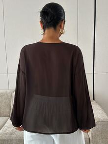 Dazy Plus Solid Color Chiffon Ruched Loose Elegant Design Brown Long Sleeve Spring Summer Autumn Pullover Blouse - Brown - View 2