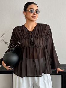 Dazy Plus Solid Color Chiffon Ruched Loose Elegant Design Brown Long Sleeve Spring Summer Autumn Pullover Blouse - Brown - View 3